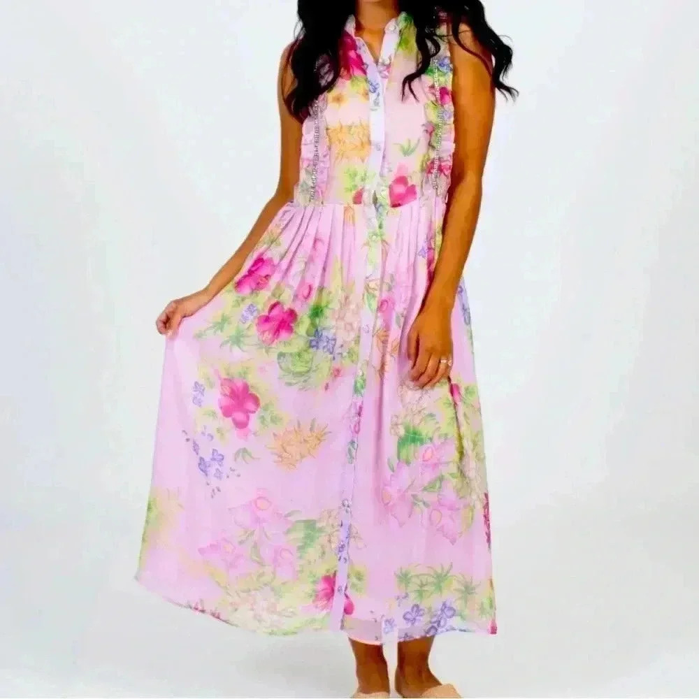 Dodo Bar Or Silvana Pink Ruffle Floral Dress sz S